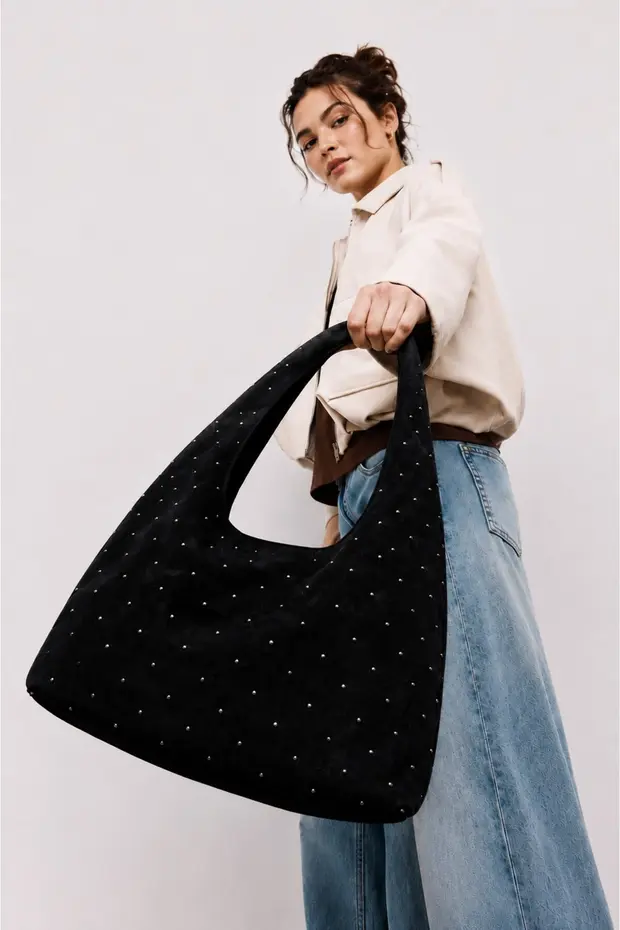 Siyah Kadın Süet Shopper Yumuşak Form Omuz Çantası